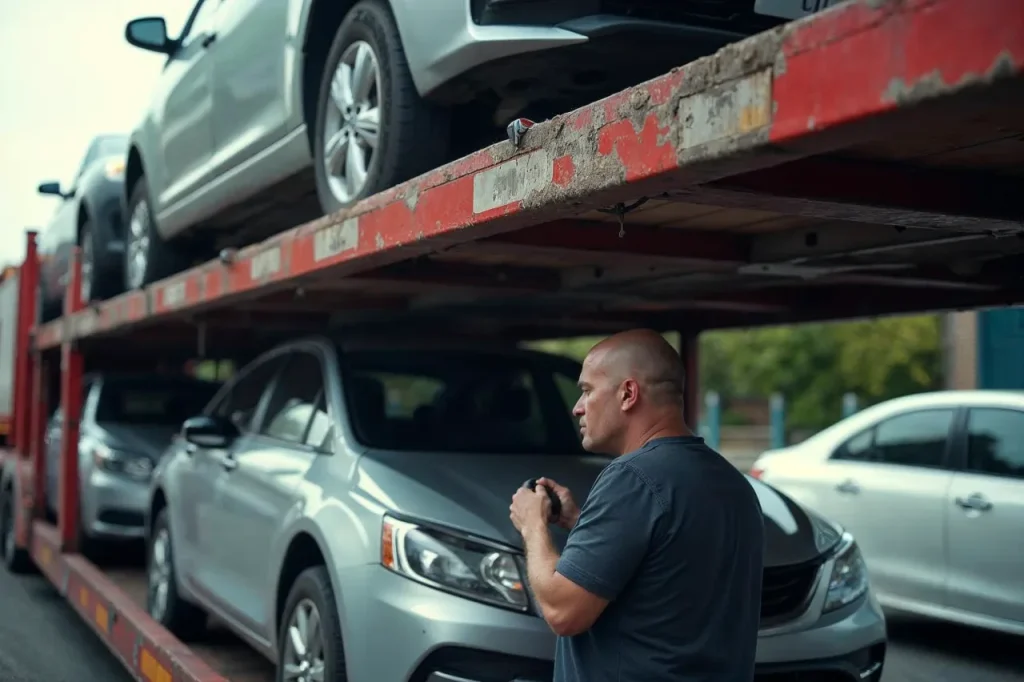 Driver inspecting straps on car carrier, showcasing auto transport in Oceanside, CA.