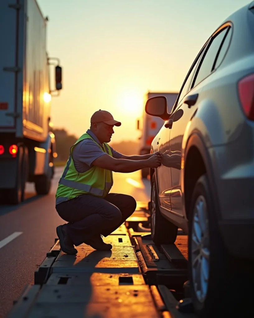 Driver securing car with wheel straps on open carrier, auto transport Oceanside, CA.