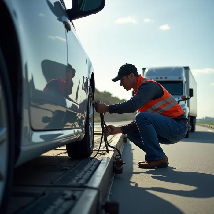 Driver securing a car on an open carrier, showcasing auto transport Oceanside, CA.