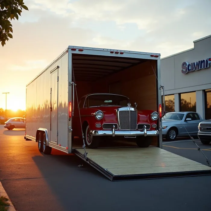 Classic car delivery from enclosed trailer in Oceanside, CA.