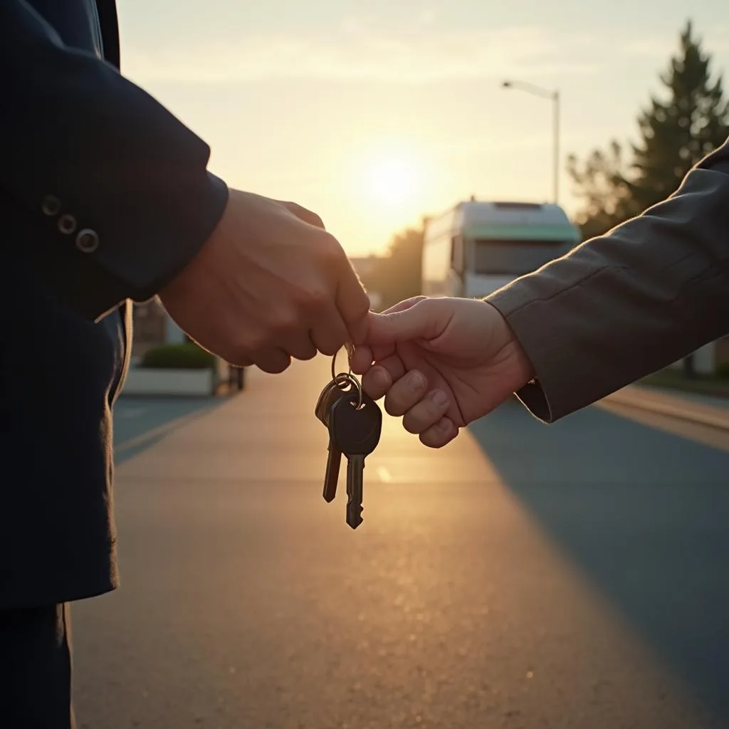 Key handover at vehicle delivery in Oceanside, CA.