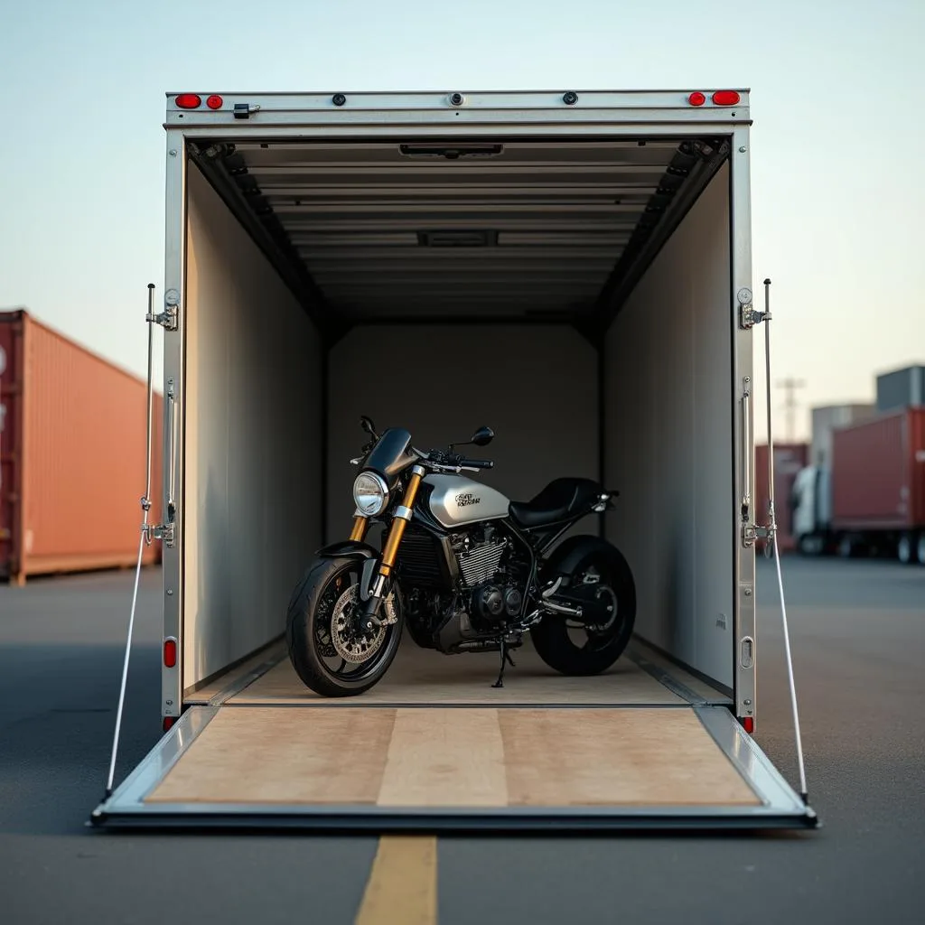 Motorcycle inside an enclosed trailer, demonstrating auto transport Oceanside, CA.