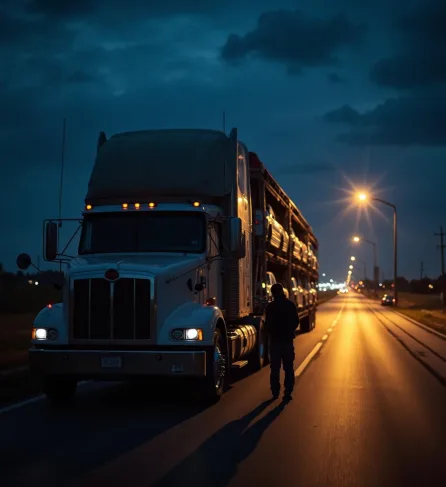 Driver inspecting the load at night under streetlights, auto transport Oceanside, CA.