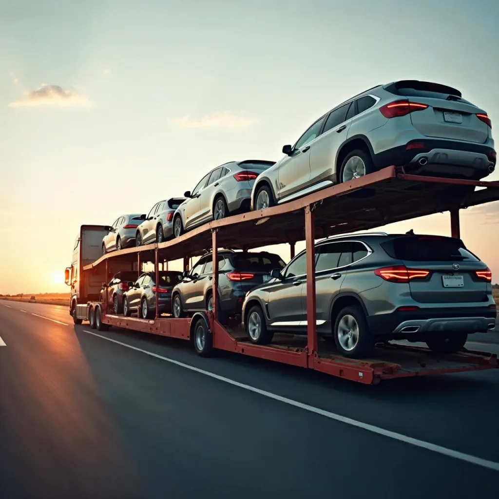 Open car carrier loaded with vehicles on highway in Oceanside, CA.