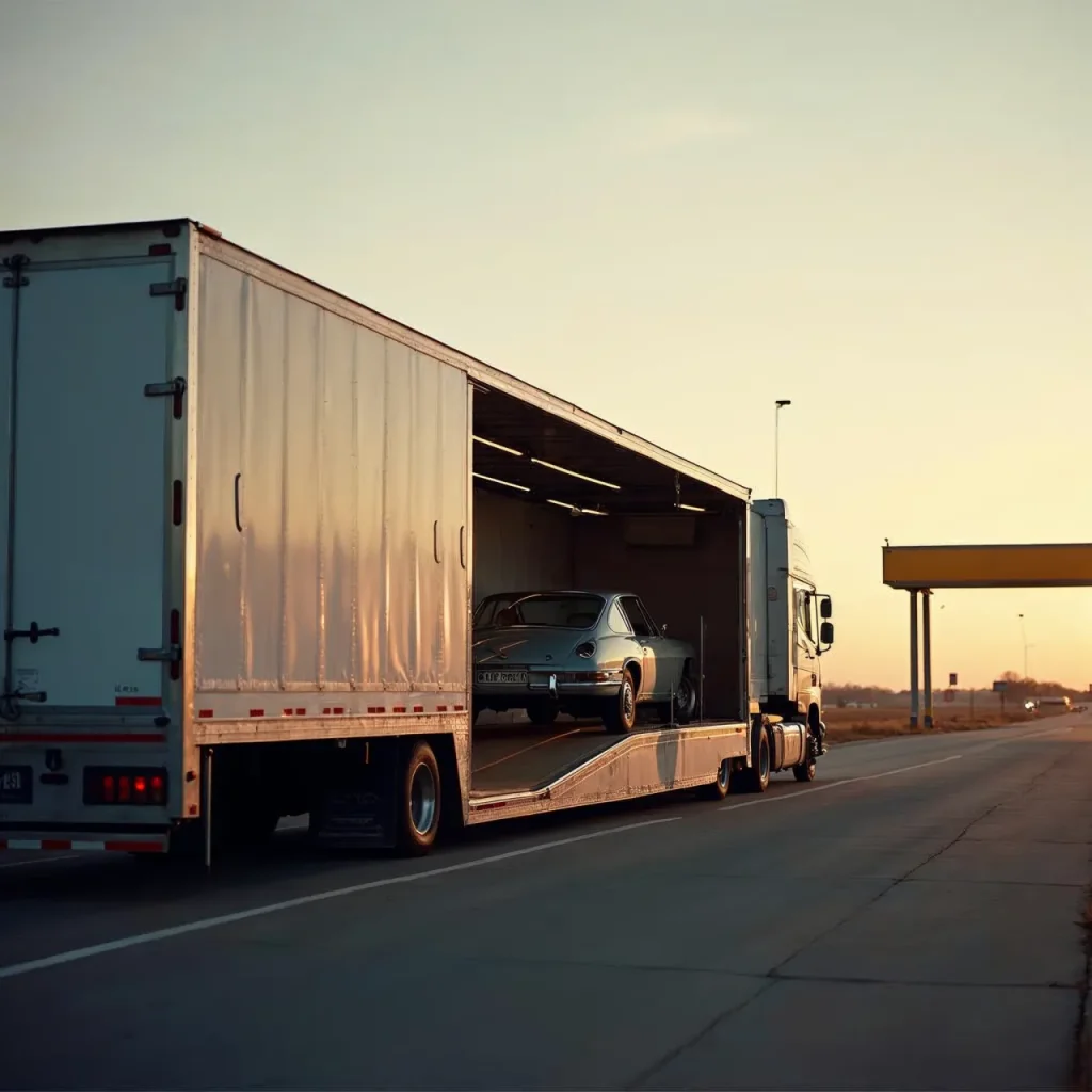 Enclosed trailer lowering a classic car for door to door car transport Oceanside.