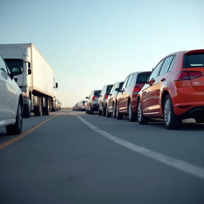 New cars waiting for transport in door to door car transport Oceanside.