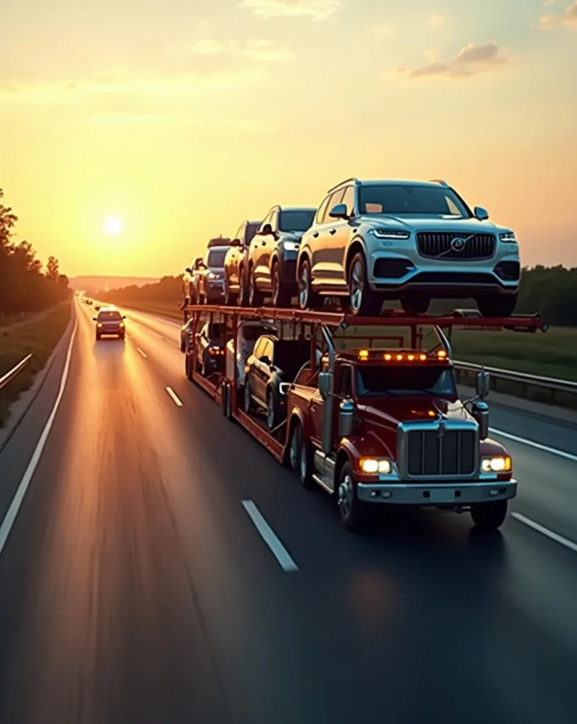 Open car carrier with vehicles on highway for door to door car transport Oceanside.