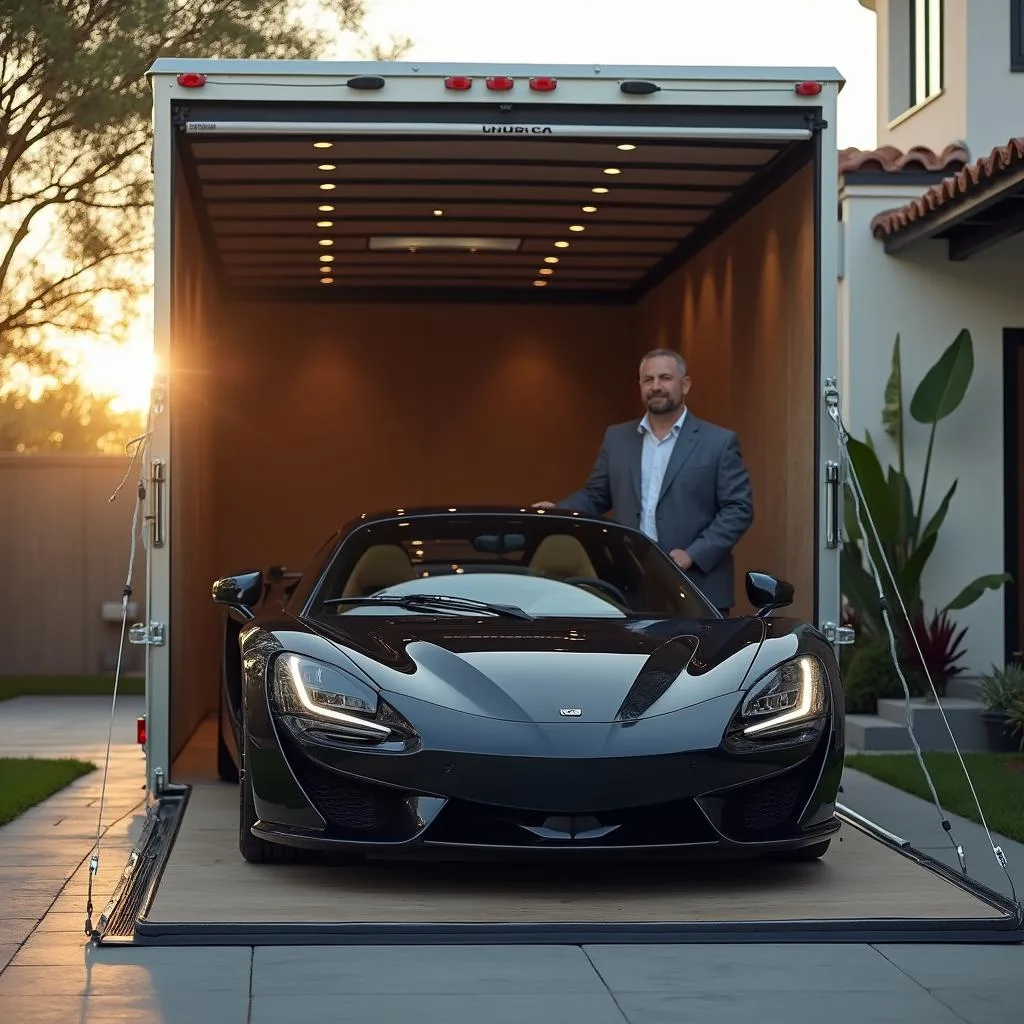 Satisfied customer with an enclosed hauler for door to door car transport Oceanside.