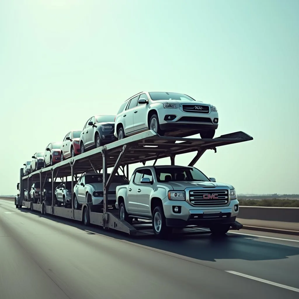 Open car carrier on highway for enclosed car transport in Oceanside, CA.