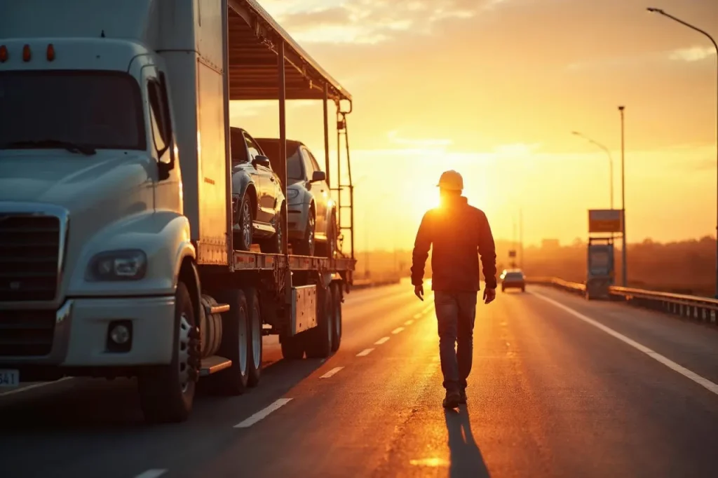 Driver inspecting a car hauler at a truck stop during open carrier auto shipping in Oceanside, CA.