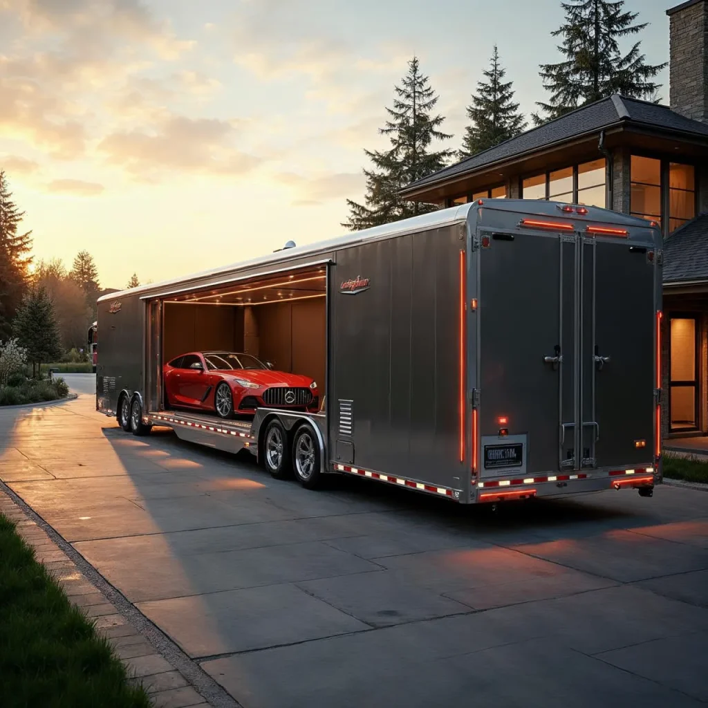 Enclosed hauler with exotic car outside luxury home in Oceanside, CA.